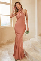 Load image into Gallery viewer, Mermaid Brown Halter Bridesmaid Dress