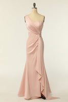 Load image into Gallery viewer, Mermaid One Shoulder Blush Long Bridesmaid Dress with Ruffles
