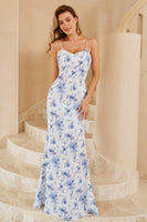 Load image into Gallery viewer, Blue Sheath Spaghetti Straps Long Floral Boho Bridesmaid Dress