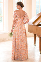 Load image into Gallery viewer, Floral Print Orange Bridesmaid Dress