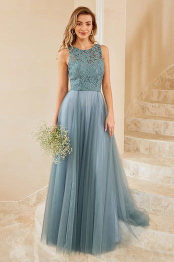 Grey Blue Tulle Bridesmaid Dress with Lace