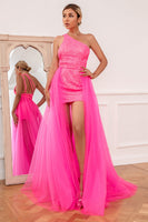 Load image into Gallery viewer, Hot Pink Detchable Train Formal Dress