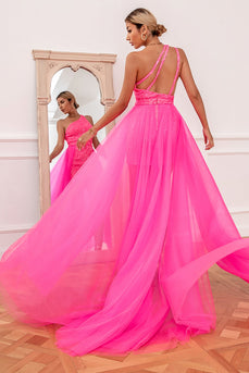 Hot Pink Detchable Train Formal Dress