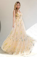 Load image into Gallery viewer, A Line Spaghetti Straps Champagne Formal Dress with Embroidery