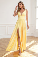 Load image into Gallery viewer, Classic A Line V Neck Yellow Long Formal Dress with Split Front
