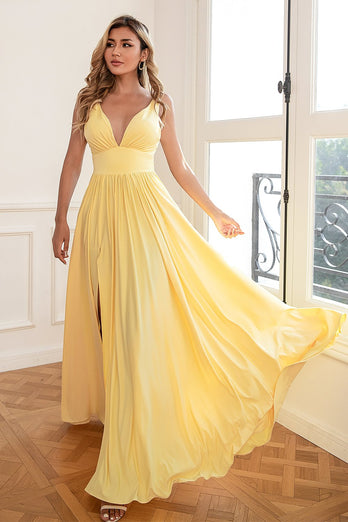 Classic A Line V Neck Yellow Long Formal Dress with Split Front
