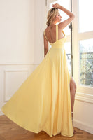 Load image into Gallery viewer, Classic A Line V Neck Yellow Long Formal Dress with Split Front