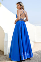 Load image into Gallery viewer, Royal Blue Backless Satin Formal Dress
