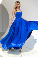 Load image into Gallery viewer, Royal Blue Backless Satin Formal Dress