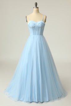 A Line Spaghetti Straps Sky Blue Long Formal Dress