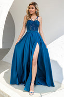 Load image into Gallery viewer, Blue Spaghetti Straps Formal Dress with Lace