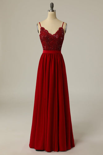 Burgundy Long Formal Dress with Beading Lace