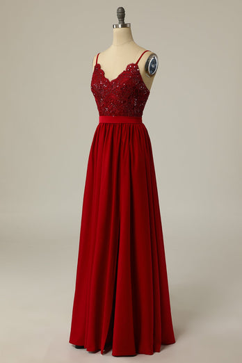 Burgundy Long Formal Dress with Beading Lace