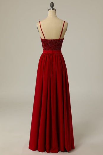 Burgundy Long Formal Dress with Beading Lace