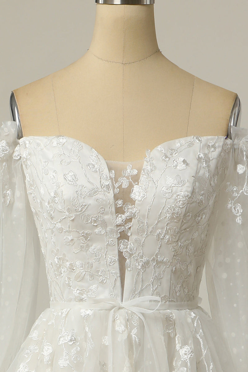 Load image into Gallery viewer, Luxurious A Line Off the Shoulder White Wedding Dress with Appliques