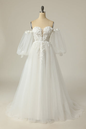 A Line Off the Shoulder Ivory Bridal Dress with Long Sleeves