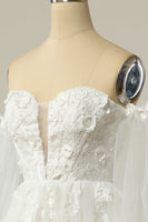 Load image into Gallery viewer, A Line Off the Shoulder Ivory Bridal Dress with Long Sleeves