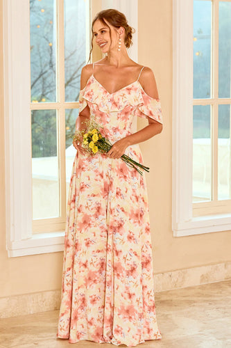 Print Blush Bridesmaid Dress with Ruffle