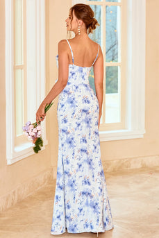 Sheath Spaghetti Straps Blue Floral Print Long Bridesmaid Dress with Split Front