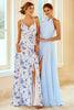 Load image into Gallery viewer, Blue Sheath/Column Spaghetti Straps Floral Print Bridesmaid Dress