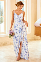 Load image into Gallery viewer, Blue Sheath/Column Spaghetti Straps Floral Print Bridesmaid Dress
