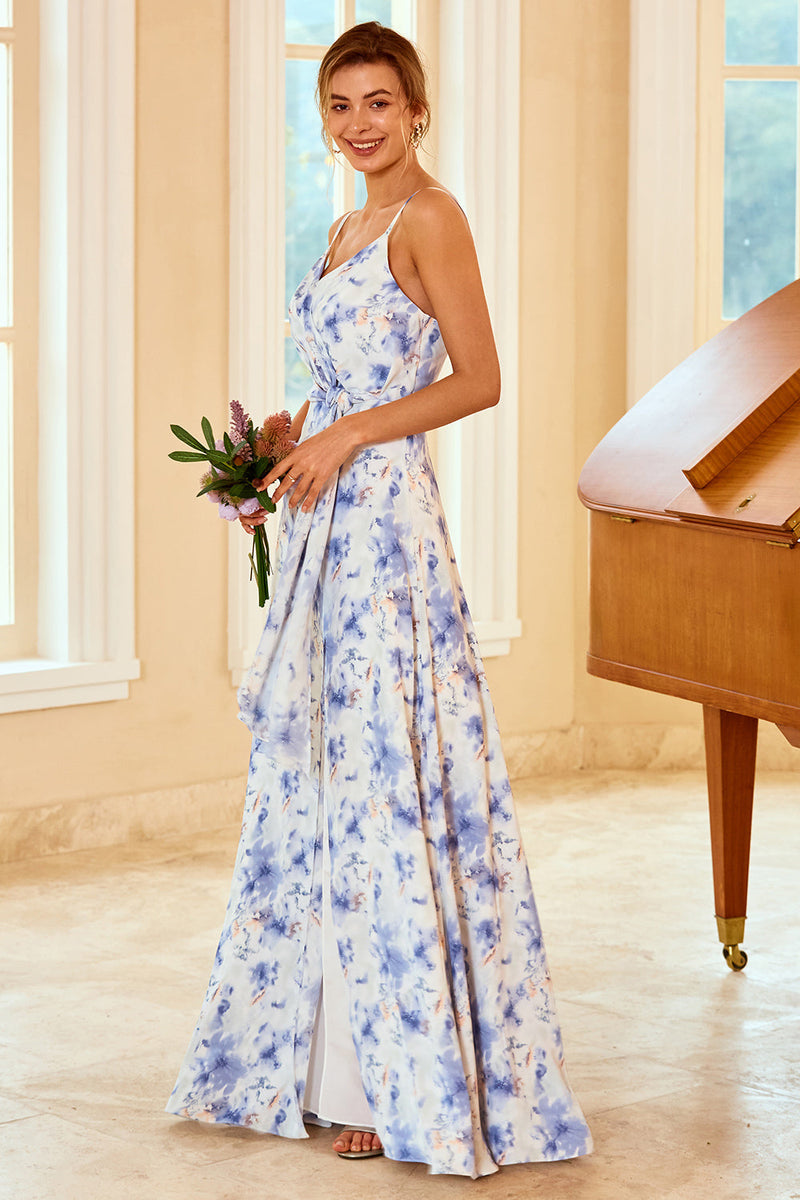 Load image into Gallery viewer, Blue Sheath/Column Spaghetti Straps Floral Print Bridesmaid Dress