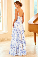 Load image into Gallery viewer, Blue Sheath/Column Spaghetti Straps Floral Print Bridesmaid Dress