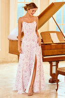 Load image into Gallery viewer, A Line Spaghetti Straps Purple Flower Printed Bridesmaid Dress