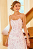Load image into Gallery viewer, A Line Spaghetti Straps Purple Flower Printed Bridesmaid Dress