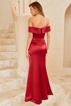 Sheath Off the Shoulder Burgundy Long Bridesmaid Dress with Split Front