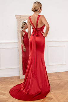 Mermaid V Neck Rust Red Long Bridesmaid Dress