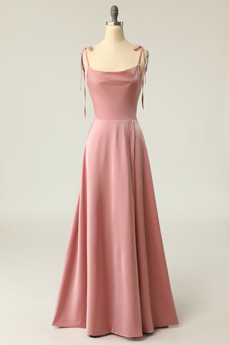 Blush Spaghetti Straps Long Formal Dress with Bowknot