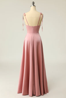 Blush Spaghetti Straps Long Formal Dress with Bowknot