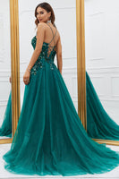 Load image into Gallery viewer, Sparkly Dark Green Tulle Long Formal Dress with Appliques