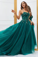 Load image into Gallery viewer, Sparkly Dark Green Tulle Long Formal Dress with Appliques