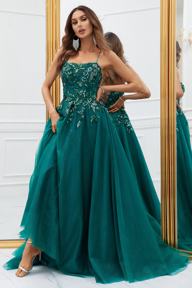 Load image into Gallery viewer, Sparkly Dark Green Tulle Long Formal Dress with Appliques