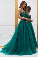 Load image into Gallery viewer, Sparkly Dark Green Tulle Long Formal Dress with Appliques