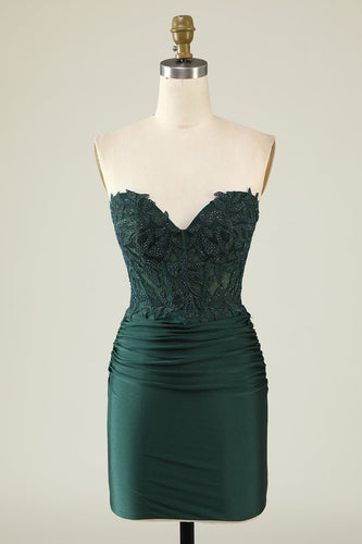 Strapless Dark Green Short Formal Dress with Beading