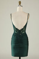 Load image into Gallery viewer, Sheath Spaghetti Straps Dark Green Short Formal Dress with Beading
