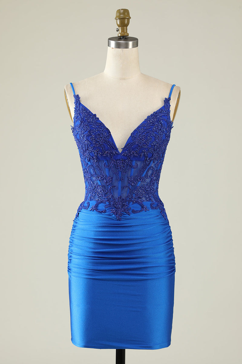 Load image into Gallery viewer, Sheath Spaghetti Straps Dark Green Short Formal Dress with Beading