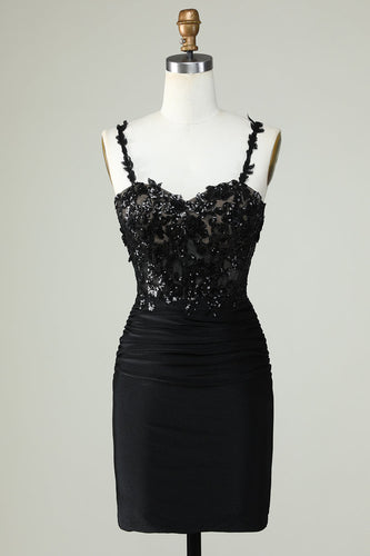 Sheath Spaghetti Straps Black Short Formal Dress with Appiques