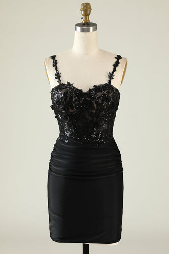 Spaghetti Straps Sequins Black Short Formal Dress