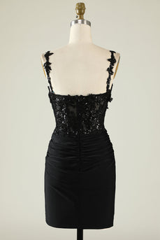 Spaghetti Straps Sequins Black Short Formal Dress