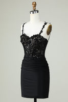 Load image into Gallery viewer, Sheath Spaghetti Straps Black Short Formal Dress with Appiques