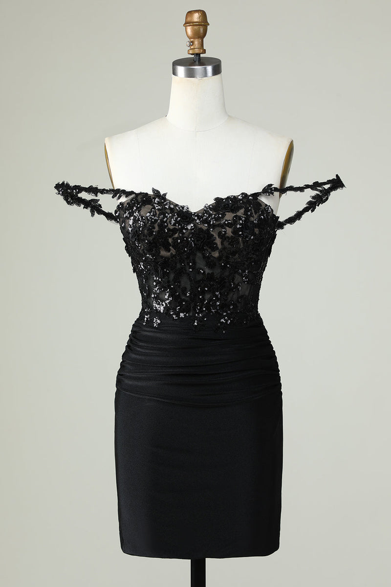 Load image into Gallery viewer, Sheath Spaghetti Straps Black Short Formal Dress with Appiques