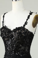 Load image into Gallery viewer, Sheath Spaghetti Straps Black Short Formal Dress with Appiques