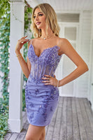 Load image into Gallery viewer, Sparkly Purple Corset Short Formal Dress with Appliques