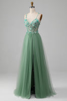 Load image into Gallery viewer, Sparkly Green A-Line Spaghetti Straps Corset Formal Dress With Appliques