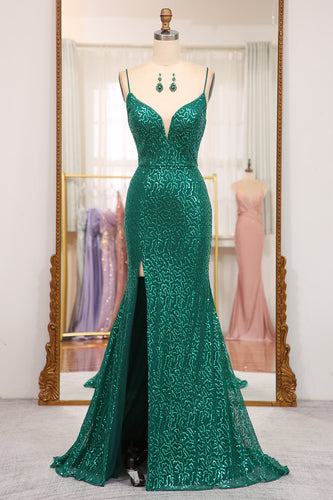 Glitter Dark Green Mermaid Long Formal Dress With Slit