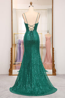 Glitter Dark Green Mermaid Long Formal Dress With Slit